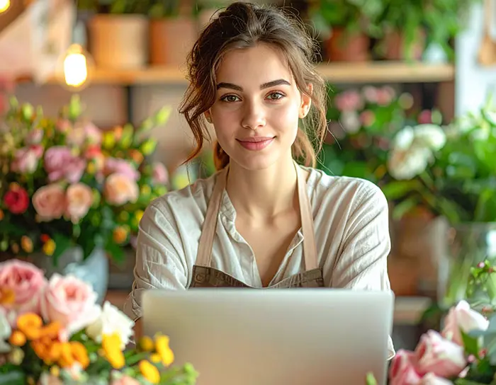 Florist managing SEO and online presence from inside a flower shop